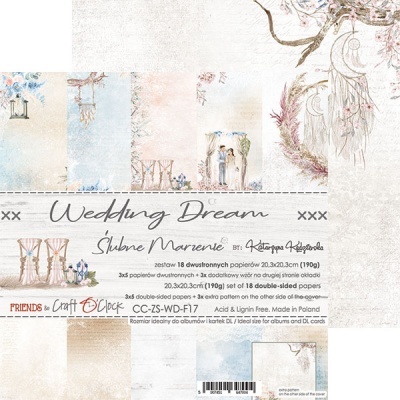 Papéis decorativos para scrapbook Wedding Dream tema casamento, várias cores suaves e ilustrações delicadas.