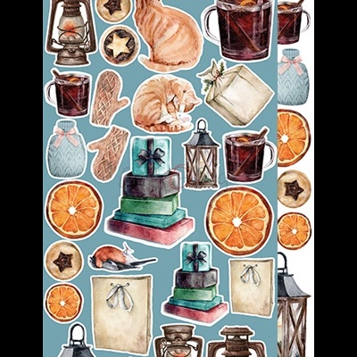 Elementos ilustrados de Natal como gato, lanternas, canecas, biscoitos, laranjas secas, sacos e presentes.