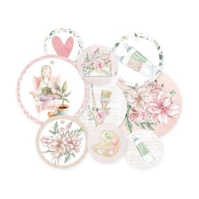 Cartões circulares e em forma de coração com ilustrações de pintura e flores