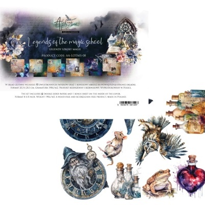 Folha decorativa com ilustrações mágicas e texto 'Legends of the magic school'