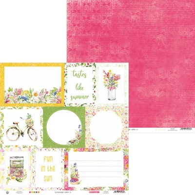 Papel decorativo para scrapbook com flores, bicicleta e textos em inglês, verso rosa texturizado