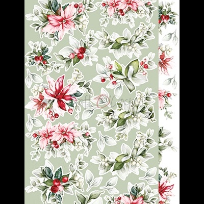 Papel decorativo com padrões de flores vermelhas e folhas verdes