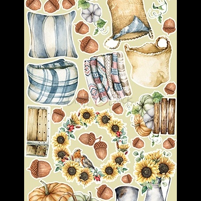 Ilustrações de abóboras, girassóis, algodão, cestos, madeira e jarros para decoração de outono