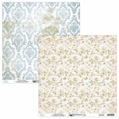 Dois papéis de parede com padrões vintage - damasco azul e floral em tons suaves