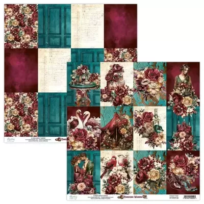 Papel decorativo para scrapbooking com padrões florais, vintage e elementos artísticos em azul, vermelho e creme.