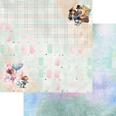 Papel decorativo com ilustrações de crianças e padrões coloridos em tons pastel