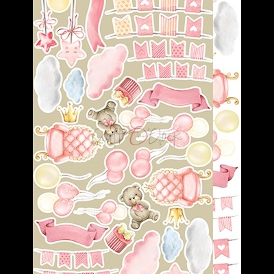 Papel de embrulho com padrões de ursinhos, balões, coroas e faixas em tons pastéis de rosa e bege