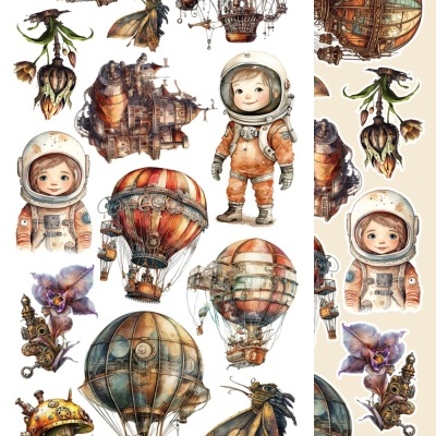 Autocolantes vintage com balões de ar quente, crianças em fatos espaciais, flores, mariposa e edifícios fantasiosos