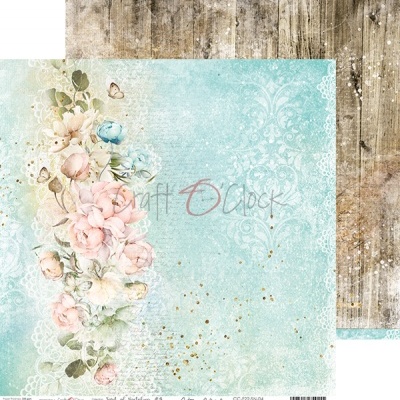 Folha de papel decorativo com flores e padrão em azul claro e madeira