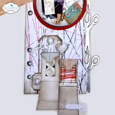 Ilustração artística de máquina de costura, tesouras e padrões de linha com logo Elizabeth craft designs