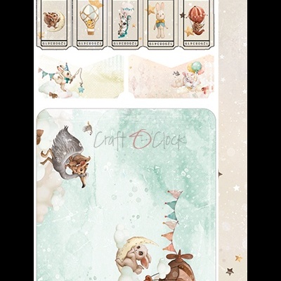 Etiquetas e cartões decorativos com ilustrações de animais e balões em tons suaves