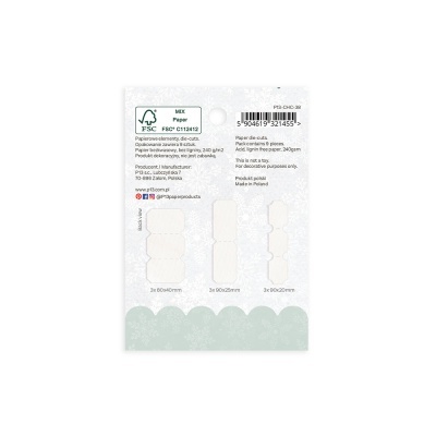 Etiqueta adesiva decorativa em papel branco e verde claro com padrão floral e triângulos.