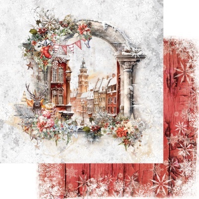 Ilustração natalícia de cidade europeia antiga com neve e decoração festiva em fundo vermelho com neve