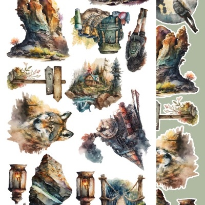 Autocolantes com motivos de natureza e aventura em estilo aquarela