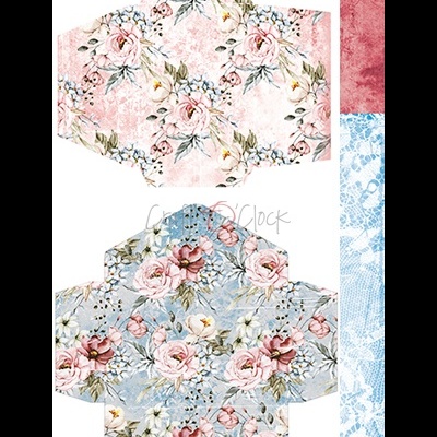 Dois moldes de caixas de papel florais e dois retângulos com texturas rosa e azul