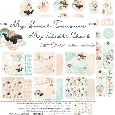 Papéis decorativos infantis pastel com texto 'My Sweet Treasure Moj Słodki Skarb' e elementos de design lúdicos.