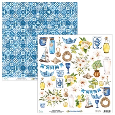 Folhas de papel decorativo com padrão azul de azulejo e ilustrações náuticas e florais coloridas.