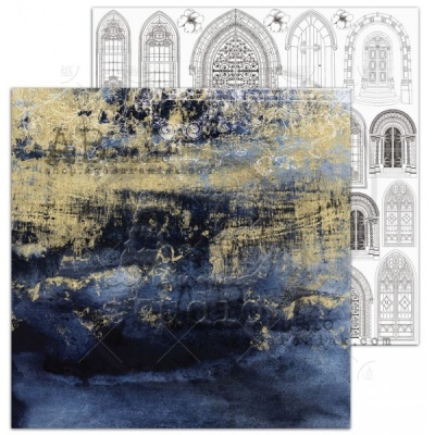 Papel decorativo duplo-face com padrão abstrato azul e dourado e imagem de portas e janelas góticas