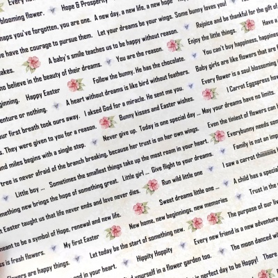 Papel de embrulho branco com texto impresso e flores cor-de-rosa