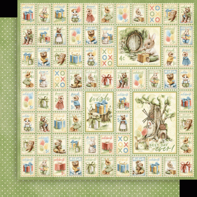 Papel decorativo com padrão de coelhos, ursos, presentes e textos em tons pastel, sobre fundo verde com bolinhas brancas.