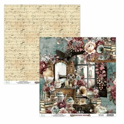 Folhas de papel decorativo com pauta musical e ilustração vintage com flores e móveis antigos.