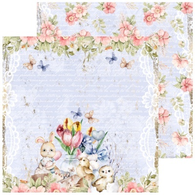 Papel decorativo azul com ilustrações de coelho, pato, coruja, flores e borda rendada branca