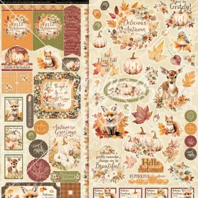 Folhas decorativas de outono com raposas, cervos, folhas e abóboras em tons quentes