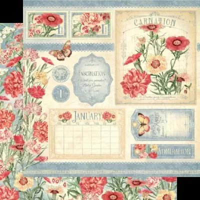 Papel decorativo vintage com flores de cravo, borboletas e etiquetas com texto