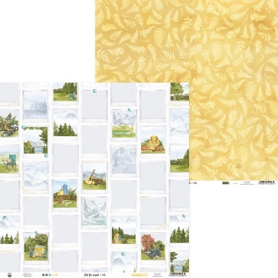 Papéis decorativos para scrapbooking com padrão de palmeiras amarelas e molduras para fotos de paisagens naturais