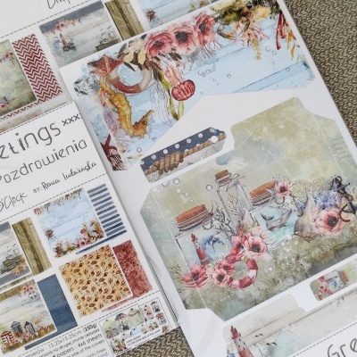 Papéis decorativos para scrapbooking com tema marítimo e cores pastel