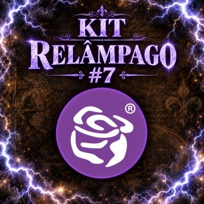 Texto KIT RELÂMPAGO #7 em roxo com raio e rosa branca estilizada em círculo roxo