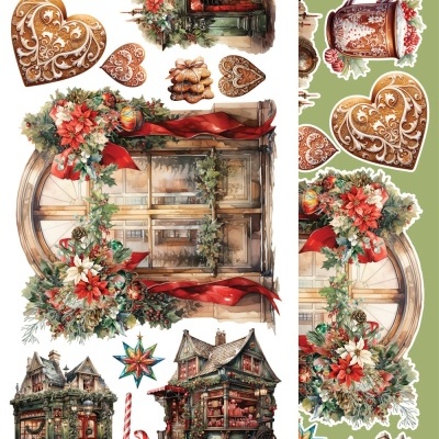 Imagens decorativas de Natal com flores, biscoitos, lareira, janelas e casas antigas