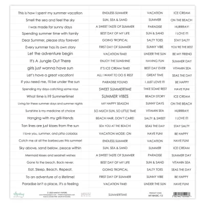 Folha de adesivos com textos em inglês sobre verão e férias