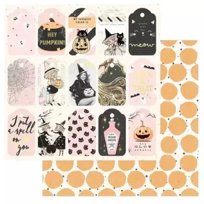 Folha de etiquetas e papel decorativo Halloween com abóboras, gatos, bruxas e texto em inglês