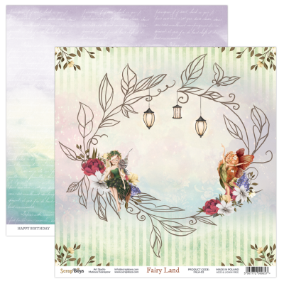 Folha dupla-face de papel para scrapbooking com tema 'Fairy Land' e design de fadas e folhas.