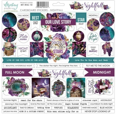 Autocolantes de cartão com temas noturnos e astronómicos, com texto em inglês e padrões florais e celestes