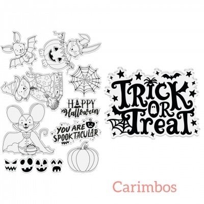 Carimbos de Halloween em preto e branco com desenhos de personagens e texto