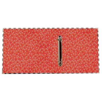 Pasta de arquivo vermelha com padrão floral e suporte metálico no centro