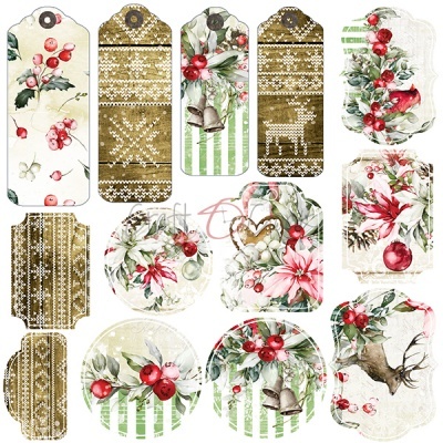 Etiquetas de presente natalícias com padrões e ilustrações festivas em tons vermelhos, verdes e castanhos