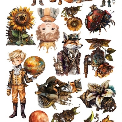 Ilustrações steampunk de personagens infantis, flores mecânicas e objetos vintage em fundo branco