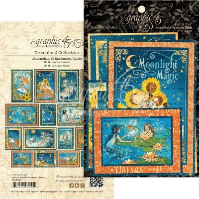 Cartões decorativos 'Dreamland Collection' da Graphic 45 com imagens de fantasia e embalados em plástico com cartolina preta
