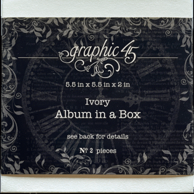 Caixa preta com texto branco e padrões florais contendo album Ivory Album in a Box