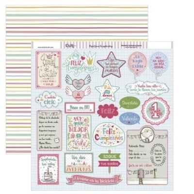 Papel decorativo com etiquetas coloridas e mensagens de aniversário em espanhol