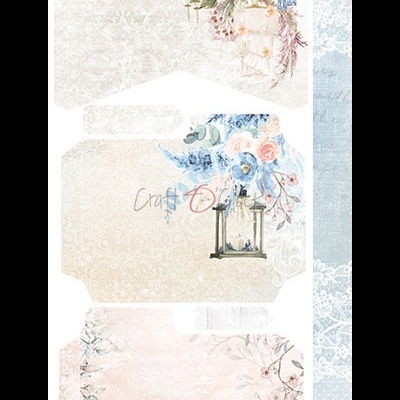 Caixas decorativas em papel com flores, velas e ampulhetas, fundo branco com padrão de renda