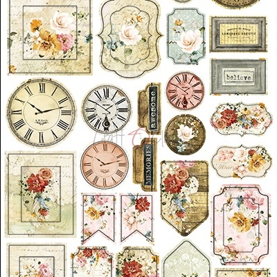 Folha com autocolantes decorativos de flores, relógios e quadros vintage com texto em inglês.
