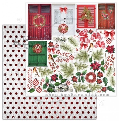 Papel decorativo com portas de Natal e motivos festivos em verde, vermelho e branco