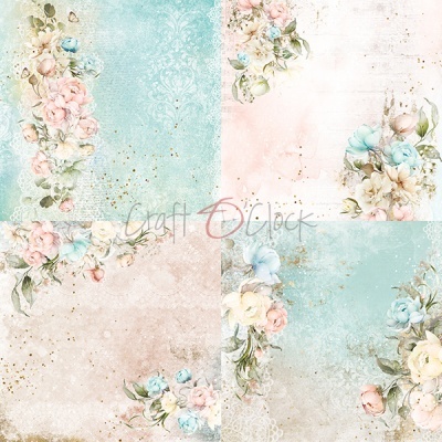 Quatro quadros decorativos com designs florais em tons pastel e detalhes dourados