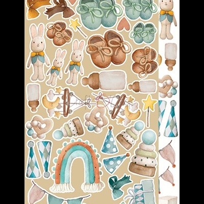 Adesivos infantis coloridos com desenhos de sapatinhos, coelhinhos, mamadeiras e festas.