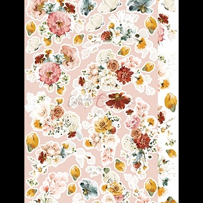 Papel decorativo com padrão floral e borboletas em tons pastéis sobre fundos claros