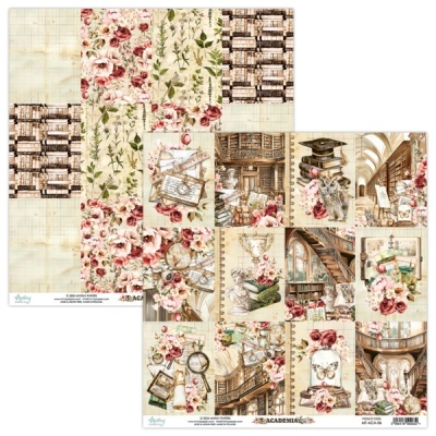 Papel decorativo scrapbook com padrão floral e imagens vintage de livraria